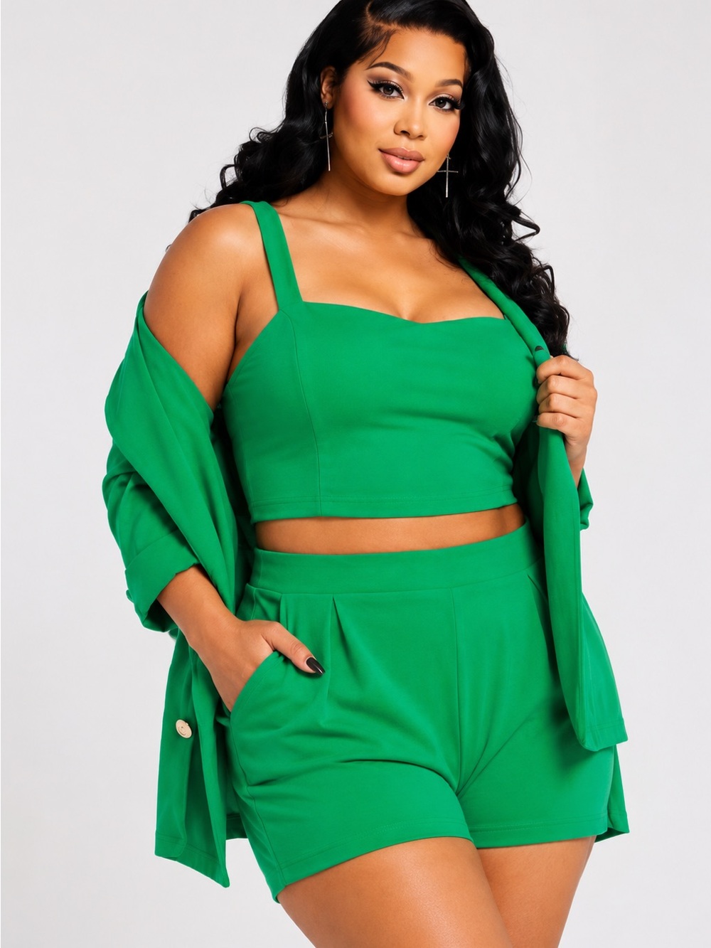 Green Three-Piece Cropped Tank, Shorts & Blazer Set